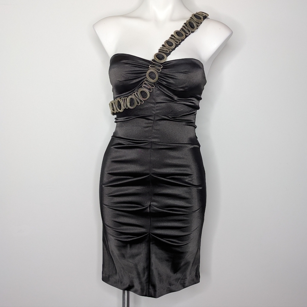 Vintage Blondie Nites Black Silver One Shoulder Zipper Strap Body Con Dress 1